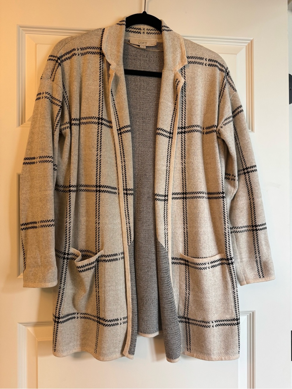 LOFT Cream and Black Windowpane Open Cardigan